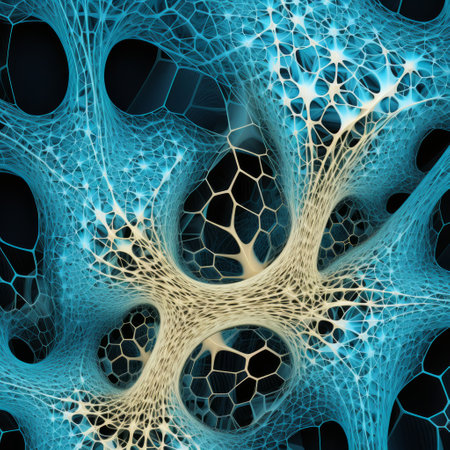 a 3d abstract image showcasing a mesmerizing structure composed of vibrant blue and gold hues. this artwork draws inspiration from various artistic styles such as infinity nets, bone, and net art. the image is created using techniques like caffenol developing, focus stacking, and incorporates a captivating blend of dark white and light cyan tones, resulting in nebulous and intriguing forms. ai generatedの素材