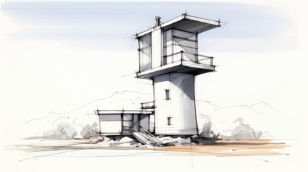 an architectural tower sketch in the mountains, showcasing a realistic usage of light and color. the design follows the principles of bauhaus functionalism, while the artist's style reflects their expertise in sea and coast painting. the washed-out, frontal perspective adds depth to the composition, with a color palette dominated by light gray and navy tones. ai generatedの素材