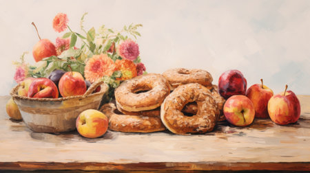 a vibrant and artistic still life painting capturing the essence of a bountiful bagel arrangement. the studio mcgee-inspired style brings a touch of modernity to the scene, while the textural background adds depth. the composition showcases a variety of naturecore elements, including figs, pomegranates, peaches, artichokes, apples, beets, and potatoes. the heavy shading and cottagecore vibes enhance the overall charm of this colorful and freshの素材