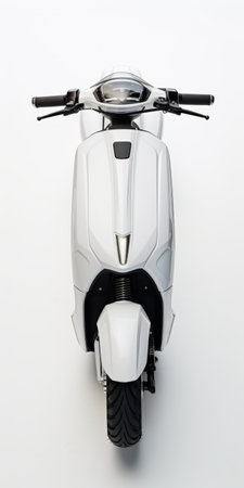 a full body kit scooter murcielago is captured in this well-lit 8k photo studio shoot. the scooter is placed on a white background, viewed from an overhead perspective, creating a striking silhouette. the paint finish is perfectly done, resulting in a clear, detailed, and hyper-realistic image. the photo is sharp, with a cinematic feel, and showcases the scooter's off-white color and symmetrical design. ai generatedの素材