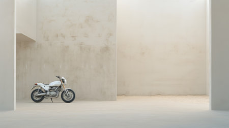 an empty room featuring a motorcycle parked amidst bricks, showcasing minimal retouching. the room is designed in a monochromatic palette of white and beige, with a mastery of minimalistic symmetry. the photograph captures the essence of the cinquecento style, skillfully executed by philip mckay using a sony alpha a7 iii. ai generatedの素材