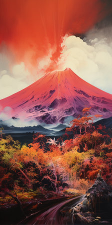 a photo of a red sky featuring a small forest in the background. this image captures the essence of ross tran's style, incorporating traditional japanese artistic techniques. the photo showcases photorealistic landscapes with psychedelic illustrations, highlighting mountainous vistas. the use of infrared adds a unique touch, enhancing the photorealistic details of the scene. ai generatedの素材
