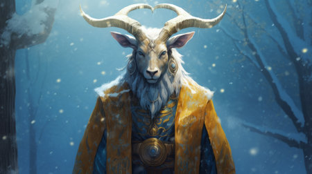 a cartoon scene featuring a goat in the snow, blending realism with fantasy elements. the image showcases a vibrant color palette of gold and blue, with intricate and detailed costumes. the artist's mastery of tenebrism is evident, creating a play of light and shadow. the goat's strong facial expression adds depth to the scene, while otherworldly beings add an element of intrigue. created using cryengineの素材
