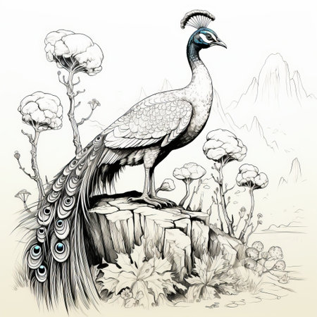 a pen and ink vector hand doodle of a bird standing on a rock, inspired by exotic fantasy landscapes. this artwork by fatima ronquillo captures the essence of the qing dynasty with its intricate details and traditional landscape elements. the speedpainting technique adds a touch of silver and emerald, resulting in an exquisite realism. ai generatedの素材