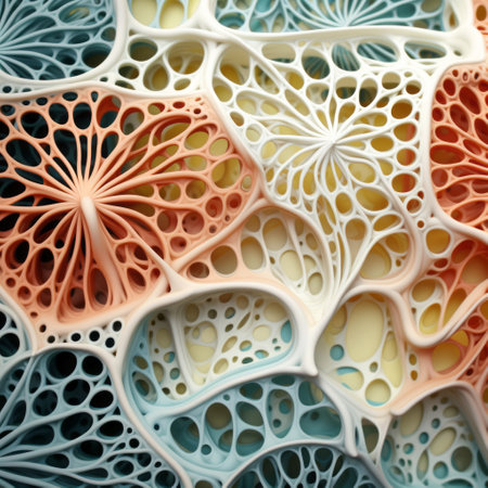 an old-fashioned tin transformed into a vibrant tile sculpture resembling cellular formations. created by stasia burrington, this close-up photo showcases the intricate penwork and detailed anatomy of the sculpture. the combination of light blue and orange hues adds a captivating contrast to the soft and rounded forms. ai generatedの素材
