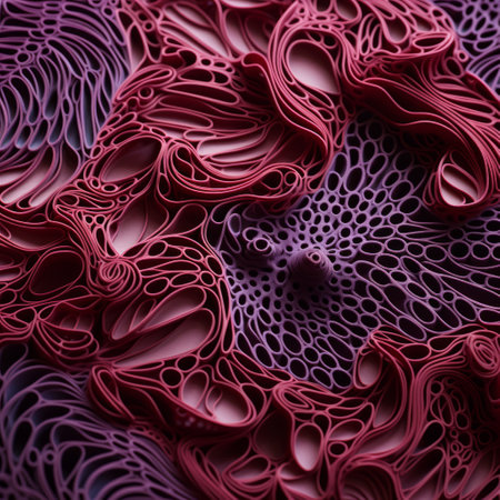 geometric sculptural paper art by jose manuel sebese, featuring dark purple and light crimson hues. this macro photograph showcases intricate cellular formations, reminiscent of art nouveau's organic flowing lines. the elaborate kimono design is complemented by the mesmerizing infinity nets, creating a captivating visual experience. caia koopman's influence can be seen in the artist's unique style. ai generatedの素材