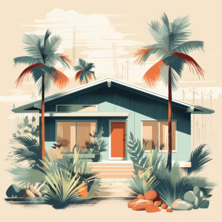 an illustration of a mid-century style house with palm trees in front. this highly detailed illustration captures the essence of american tonalism with its saturated color scheme. the foliage is intricately depicted, showcasing the artist's attention to detail. the color palette features light cyan and amber tones, adding to the overall charm of this captivating illustration. ai generatedの素材