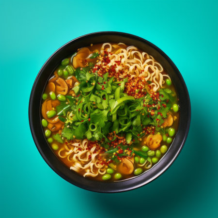 a bowl of ramen soup, topped with sesame seeds, is presented in a visually striking style of dark yellow and turquoise. this digitally manipulated image, captured with a hasselblad hc 100mm f22 lens, showcases a high-definition view. the vibrant colors of light crimson and green, resembling vines, create a clean and simple design. ai generatedの素材