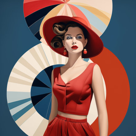a female model wearing a vibrant red costume stands amidst circles of red and white paint, reminiscent of retro hollywood glamour. this captivating composition, inspired by artists like georgy kurasov and paul corfield, features bold shadows and colorful elements. created using daz3d, the image exudes a sense of energy and movement, with a touch of whimsy. ai generatedの素材