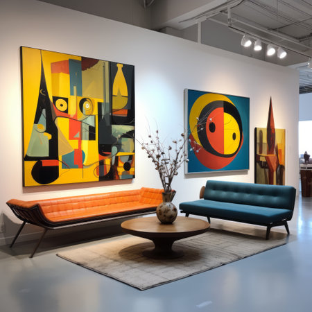 the two large paintings by stephen ormandy and the orange table in the glass booth create a modern atmosphere. the dark sky-blue and dark amber colors of ormandy's style merge with lowell herrero's vibrant and colorful abstracts, resulting in a vintage atmosphere. the artwork showcases rich tapestries of color and precisionist art. ai generatedの素材