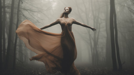 tall fox floating in foggy forest, vibrant against monotone backdrop. levitating in delicate pose, the fox stands out in full color. captured in a film photography editorial shoot by hasselblad, this enchanting image showcases the fox's ethereal presence amidst the wintery, windy atmosphere. ai generatedの素材