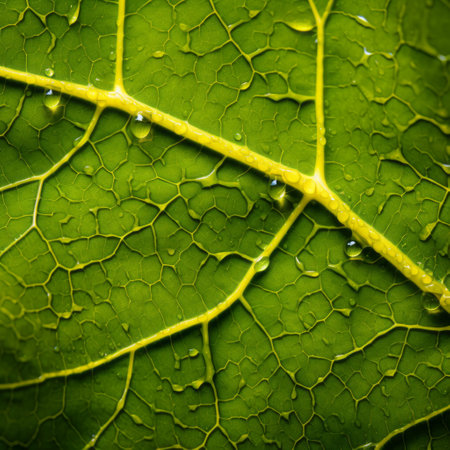a green leaf glistens with water droplets under the sunlight, showcasing the intricate details captured by the tokina at-x 11-16mm f/2.8 pro dx ii lens. this organic architecture of norwegian nature is composed of intertwining vines, creating a visually striking contrast between dark yellow and gray hues. the aerial photography highlights vibrant colors, making this image a captivating visual experience. ai generatedの素材