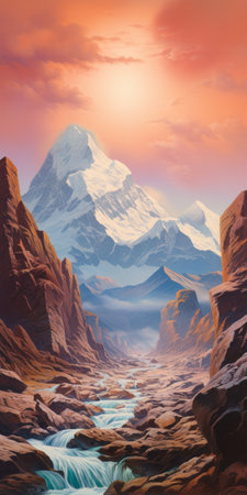 a painting of mountains with a waterfall in the style of martin ansin, featuring a light maroon and light cyan color palette. the detailed science fiction illustrations by tim hildebrandt and the himalayan art influence can be seen in the composition. the flat perspective adds depth to the captivating scenery. ai generatedの素材