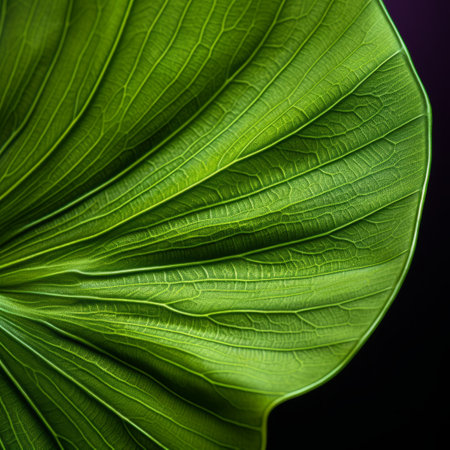 the photo showcases a green leaf with ultraviolet photography style, highlighting its botanical accuracy. the black background enhances the visual impact, creating a zen-like tranquility. the thick texture of the leaf adds depth to the image, reminiscent of the captivating photography seen in national geographic. the influence of santiago calatrava's architectural aesthetics can be observed in the composition. ai generatedの素材