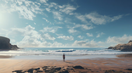 the photo showcases a realistic rendering of the human form against a backdrop of the ocean. captured in 8k resolution by artist david brayne, the image portrays soft and dreamy landscapes. the uhd image features a light sky-blue and brown color palette, creating evocative and captivating scenery. ai generatedの素材