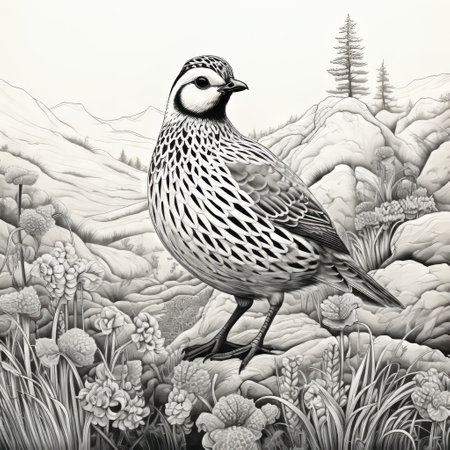 a bird perches gracefully in a field, with a majestic mountain as its backdrop. this realistic portrait showcases intricate penwork and contoured shading, capturing the bird's beauty in hyper-detailed style. the artwork also features hyperrealistic marine life, adding depth and complexity to the composition. with elements reminiscent of whistlerian art and charming character illustrations, this piece is a true testament to the artist's talent. aiの素材