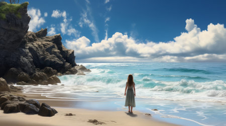 a girl stands on a beach, gazing at the mesmerizing waves. this photo captures the essence of fantastical dreamscapes and lifelike renderings, creating a serene seascape. with the touch of an associated press photo, it evokes memories of childhood arcadias and a spiritual landscape. the high resolution enhances the beauty of this captivating moment. ai generatedの素材