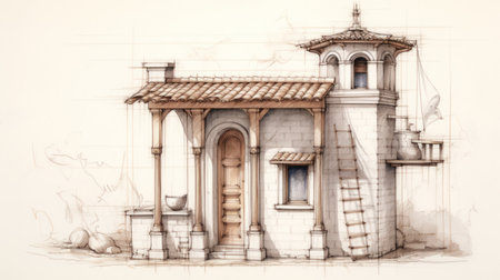 an old house is depicted in this drawing, showcasing classical architectural details and a mediterranean-inspired design. the artwork is created using physically based rendering techniques, with hand-painted details that draw inspiration from mythology. the renaissance perspective and anatomy are skillfully incorporated, resulting in finely rendered textures throughout the piece. ai generatedの素材