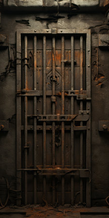 a prisoner cell 3d wallpaper featuring a dark bronze and dark amber color scheme. this wallpaper captures the industrial machinery aesthetics with its rough texture and eerily realistic relief. the classic still-life elements are showcased through rough clusters, creating a hauntingly captivating atmosphere. ai generatedの素材
