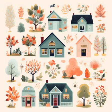 autumn house vector illustration featuring fall trees, leaves, and flowers. the illustration showcases subtle color variations, capturing the nostalgic rural life with light orange and dark aquamarine hues. the playful character designs add charm to the mid-century style illustration, while the realistic landscapes are depicted with soft, tonal colors in light red and dark navy shades. ai generatedの素材