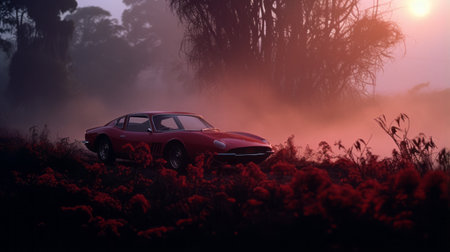 a high-definition car photography wallpaper featuring a tender depiction of nature rendered in the style of unreal engine. the image showcases australian tonalism with dark magenta and red hues, reminiscent of iconic album covers. captured with a hasselblad 1600f, this macabre sublime composition offers a visually stunning and captivating experience. enjoy this free wallpaper in hd quality. ai generatedの素材