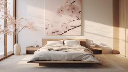 bedroom in white color with cherry blossoms and a light grey bed. the room is designed in the style of japanese abstraction, featuring muted, earthy tones. the 3d rendering showcases a contemporary diy aesthetic with monochromatic artworks. the image is in 32k uhd resolution, highlighting the pink and amber hues throughout the space. ai generatedの素材