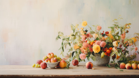 a vibrant and captivating impressionistic painting by studio mcgee, featuring a fresh curry arrangement on a wooden table. the painting showcases a beautiful mix of colors, including figs, pomegranates, peaches, artichokes, apples, beets, and potatoes. the light-filled room and textural background add depth to the artwork, while the heavy shading creates a dramatic effect. this naturecore-inspired piece exudes the charm of cottagecore aesthetics. ai generatedの素材