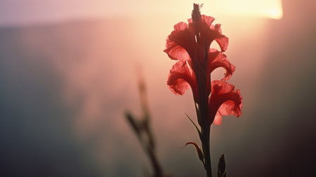a colorful flower, in the style of light red and dark beige, is featured in the background of a scenic view. this stunning wildlife photograph, captured with adox silvermax film and silhouette lighting, showcases the delicate flora in high-key lighting. the image was taken with a pentax espio mini, resulting in a beautiful depiction of nature's beauty. ai generatedの素材