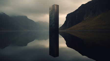reflective black monolith at the edge of a great still water lake. brooding atmosphere. national geographic-style science landscape photography captured on hasselblad h6d-400c. the photograph showcases a depth of field, luminous quality, soft detailed shadows, and an aerial sheen. ai generatedの素材