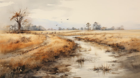a watercolor painting of a field, created by an english painter, showcases a realistic rendering style. the artwork captures the beauty of nature with its light amber and black hues. the painting features accurate ornithological details and is presented in 8k resolution, allowing for a hyper-realistic viewing experience. delicately rendered landscapes and lifelike water add to the overall charm of this stunning piece. ai generatedの素材