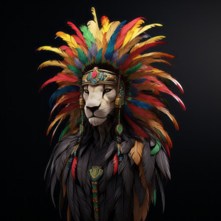 an indian lion, adorned with an indian headdress, is depicted in this concept art. the vibrant colors and melancholic atmosphere create a unique and lifelike avian illustration. the artwork, created by louis using vray, incorporates iconic pop culture references and is characterized by its dark color palette. ai generatedの素材