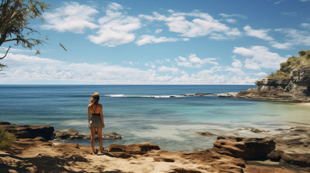 a woman stands on the shore by the ocean, capturing the essence of australian landscapes. this detailed marine view, captured with a ricoh gr iii camera, showcases the beauty of tropical landscapes. the light azure and brown tones add depth to the image, reminiscent of the new american color photography style. a captivating national geographic photo. ai generatedの素材