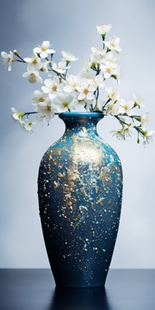 a ceramic vase with a floral pattern on a white background, enhanced with glitters for a visually captivating performance art image. achieving hyper-realism and high detail, the intricate features of the vase are captured using a 50mm macro focus. ai generatedの素材