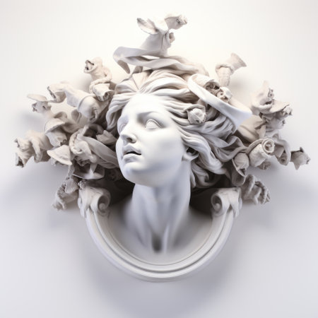 a 3d model of a girl's head, created by antoni, showcases a baroque-inspired illustration with ornate and dramatic compositions. the artwork features nature-inspired installations and monochromatic white figures against grandiose ruins. the organic nature-inspired forms add depth to the visually stunning image, which is rendered in ultra-high definition. this piece embodies the figuration libre style. ai generatedの素材