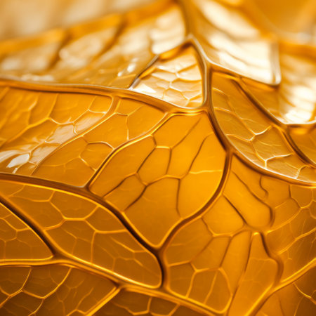a close-up shot of a textured background featuring a leaf pattern in shades of gold and green. the soft and rounded forms resemble glass sculptures, reminiscent of the style of artist thomas heatherwick. captured with a sony fe 12-24mm f/2.8 gm lens, the image showcases the intricate details created using zbrush. the color palette includes dark orange and light gold tones. ai generatedの素材