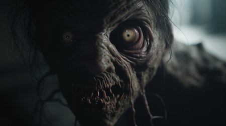 creature with eye and open mouth in a scary scene | natural color grading, gritty desaturated tones | sense of mystery, unknown | wide perspective, studio lighting for gritty horror film look | cinematic visual style directed by christopher nolan | horror, creature, eye, open mouth, scary, natural, color grading, gritty, desaturated, mystery, unknown, wide perspective, studio lighting, cinematic, visual style, christopher nolan, ai generatedの素材