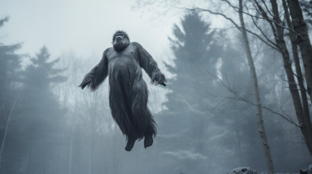 a vibrant, full-color gorilla gracefully levitates in a wintery, foggy forest. the tall gorilla stands out against the monotone and dull surroundings, creating a striking contrast. this delicate and ethereal pose captures the gorilla's majestic presence. the photograph, taken with a hasselblad camera, exudes a cinematic quality, making it perfect for a magazine editorial photoshoot. ai generatedの素材
