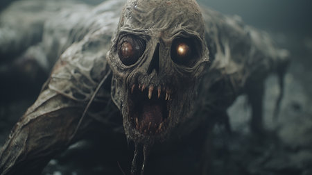 creature with eye and open mouth in a scary scene, featuring natural color grading with gritty, desaturated tones. the wide perspective shot, enhanced by studio lighting, creates a sense of mystery and the unknown. this cinematic visual style, reminiscent of a gritty horror film, is directed by christopher nolan. ai generatedの素材