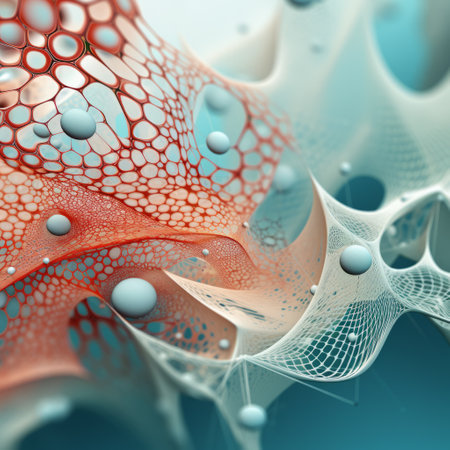 molecular structure with drops, rendered in 3d, showcases gossamer fabric-like patterns in light teal and orange. spirals and curves intertwine with layered fibers, creating intricate webs. the organic nature-inspired forms are highlighted in light crimson and sky-blue hues. ai generatedの素材