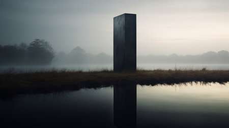 a concrete pillar stands beside a mist-covered lake at misty mountain lakes, resembling the artistic style of erik johansson. this minimalist abstraction showcases elements of cubo-futurism, with its textured surface and monumental scale. the pillar's light black hue and abstract minimalism make it a captivating sight for appreciators of this artistic genre. ai generatedの素材