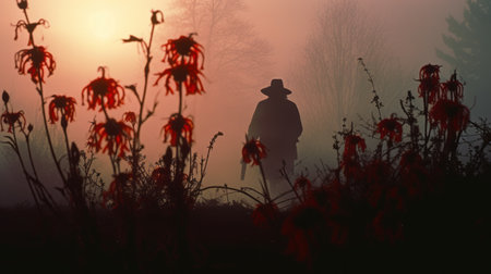 a photo featuring a foggy landscape with a hat, witch, and teddy in the background. reminiscent of wim wenders' style, it combines cowboy imagery with a touch of light crimson and light amber. this captivating image beautifully captures the essence of nature, evoking a sense of mystery and intrigue. a stunning composition by peter sculthorpe, available on flickr, blending elements of flowerpunk aesthetics. ai generatedの素材