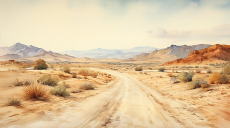 a watercolor desert road winds through the mountains in this stunning illustration, reminiscent of peter lippmann's style. the high-definition image captures the realistic marine paintings, oil and enamel paintings, and the influence of samuel van hoogstraten. swirling vortexes add a captivating touch to this 8k resolution masterpiece. ai generatedの素材