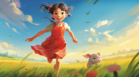 a vibrant meadow with a spirited pig and a radiant little girl in a red dress. the girl's laughter echoes through the landscape as she chases behind, her crimson skirt swirling. golden flowers bloom around her, while the blue sky and wispy clouds provide a protective blanket. wind turbines in the horizon blend technology with nature. rendered in disney animation style, capturing the girl's joyの素材