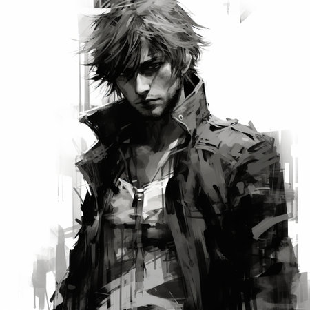 a black and white final fantasy 11 wallpaper featuring a captivating blend of artistic styles. this artwork draws inspiration from guy denning's soft brushstroke realism, michael garmash's cyberpunk realism, and incorporates elements of androgyny, ink wash paintings, and punk-inspired art. ai generatedの素材
