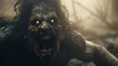 creature with eye and open mouth in a scary scene, featuring natural color grading with gritty, desaturated tones. the wide perspective shot, enhanced by studio lighting, creates a sense of mystery and the unknown. this cinematic visual style, reminiscent of a gritty horror film, is directed by christopher nolan. ai generatedの素材