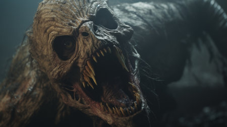 creature with eye and open mouth in a scary scene, featuring natural color grading with gritty, desaturated tones. the wide perspective shot, enhanced by studio lighting, creates a sense of mystery and the unknown. this cinematic visual style, reminiscent of a gritty horror film, is directed by christopher nolan. ai generatedの素材