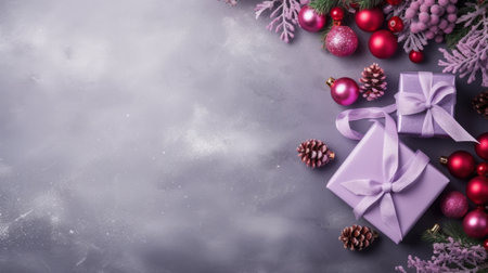 purple christmas decorations in the shape of ribbon with berries, featuring a light gray and pink color scheme. the innovative page design showcases the mundane materials used in this tabletop photography. the dark pink and dark gray hues create a striking contrast against the smokey background. this high-resolution 32k uhd image captures the beauty of these unique decorations. ai generatedの素材