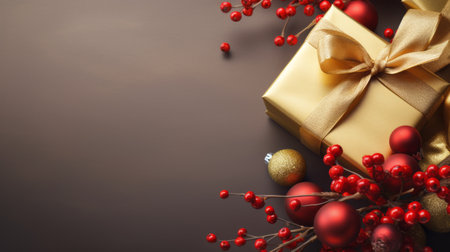 christmas wrapping and golden decorated gift boxes are scattered on a brown background, creating a visually striking composition. the style of the image is reminiscent of dark bronze and red, inspired by artists like paul barson and charles willson peale. the minimalist color field features light yellow and gold hues, while opulent ornaments add an eye-catching detail. ai generatedの素材