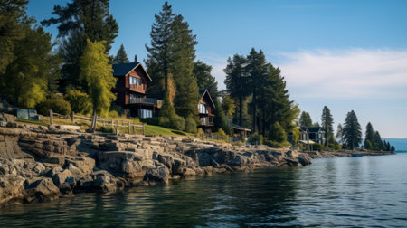 a scenic view of a lake surrounded by lush woods, charming cottages, and majestic cliffs. captured with the artistic style of the tokina at-x 11-16mm f/2.8 pro dx ii lens, this image showcases the beauty of coastal and harbor views. with its rich, painterly surfaces and physically based rendering, it brings an environmentally inspired touch to everyday life. enjoy this 32k uhd photograph that immersesの素材