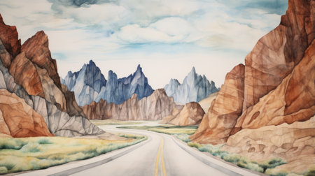 watercolor painting of a road winding through majestic mountains, capturing a vibrant and colorful scenery reminiscent of loretta lux's style. the vibrant stage backdrops of michael heizer's work inspire the organic formations in this artwork by david michael bowers. the monochromatic masterpieces of prairiecore art movement are also evident in this captivating piece. ai generatedの素材